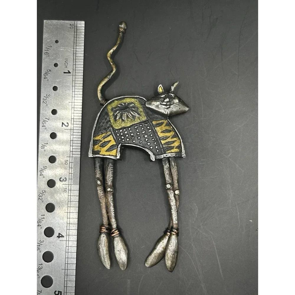 RARE Large Signed Artisan Cat Brooch 105/250 Mixed Metal Studio Jewelry Pin